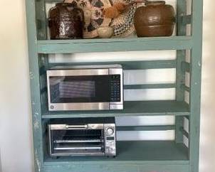 Painted kitchen rack, 72" x 48", small kitchen appliances, baskets, etc