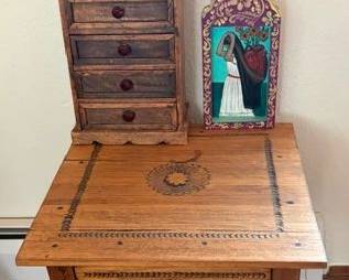 WPA carved side table, retablos
