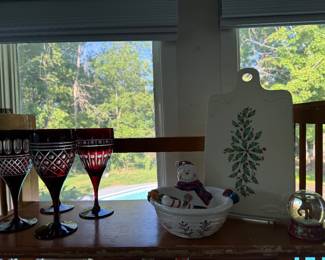 Sunroom-Lenox Christmas cutting board, Ruby etched stemware