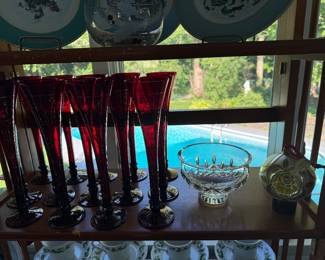 Sunroom- Waterford bowl & ornament, ruby stemware