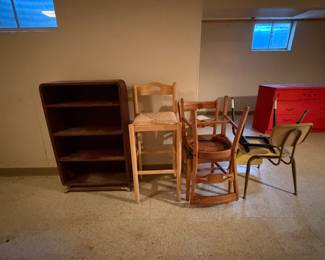 great wood shelf and chairs