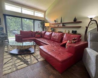 Crimson-red leather sectional sofa