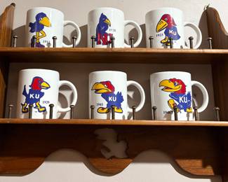 KU History / Evolution Jayhawk Mug Set w/ Display Shelf Included