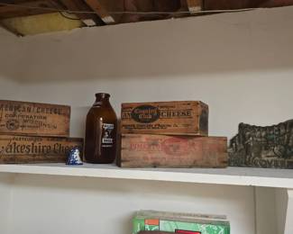 Vintage Milk Bottle and Wood Boxes