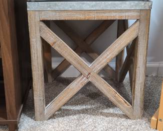 Farmhouse Galvanized Metal Top Side Table with X-Stretcher