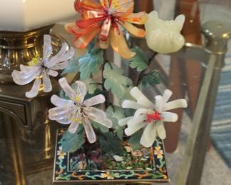Chinese Jade and Semi-Precious Stone Bonsai Tree in Cloisonné Planter