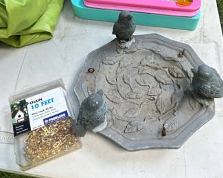 Cast Metal Bird Bath with Three Birds and Leaf Pattern