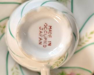 Vintage Made in Occupied Japan Teacup and Saucer Set with Pink Roses and Green Swirls