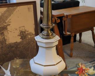 Vintage Brass and White Porcelain Octagonal Table Lamp