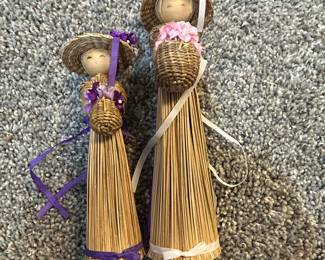Vintage Korean Straw Dolls with Wicker Baskets and Straw Hats
