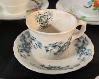 Antique Blue Transferware Teacup and Saucer Set