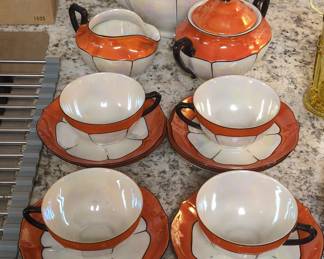 Victoria China Czechoslovakia Orange Lusterware Tea Set