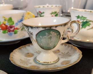 Vintage Lefton Hand Painted Pedestal Tea Cup and Saucer with Figural Scene