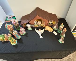 Vintage Ceramic Nativity Scene Set with Stable and 17 Figures