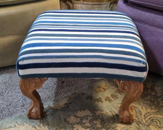 Striped Upholstered Ottoman with Carved Claw and Ball Feet