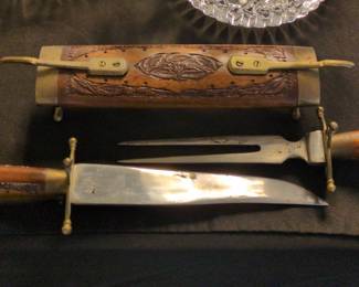 Vintage Indian Hand Carved Wood & Brass Carving Set