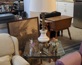 Vintage Stiffel Brass and White Ceramic Table Lamp with Linen Shade