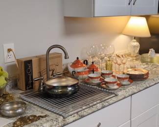 Orange and White Porcelain Tea Set with Black Accents