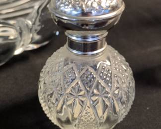 Antique Cut Glass Perfume Bottle with Sterling Silver Overlay Lid