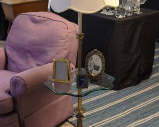 Vintage Brass Floor Lamp with Glass Tray and Shade