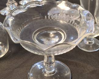 Clear Glass Footed Compote with Scalloped Edge and Bead Pattern