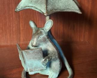 Bronze Mouse Reading Under Umbrella Candleholder