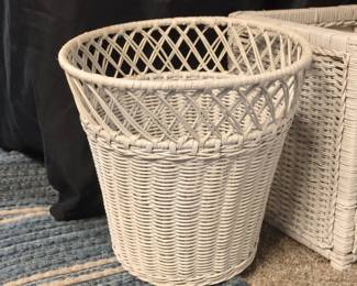 Vintage White Wicker Wastebasket with Lattice Rim