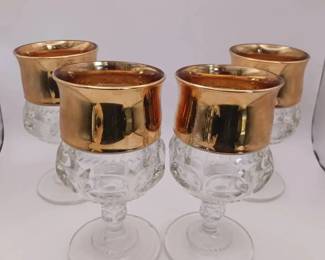 (4) Indiana Glass Company "Kings Crown" Thumbprint Goblets with Flashed Gold Rims