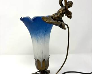 8” Art Nouveau Trumpeting Cherub Blue Tulip Light