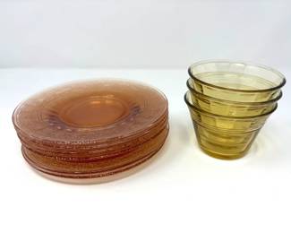 (6) 6” Pink Depression Plates & (3) 3.5” Amber Glass Custard Bowls