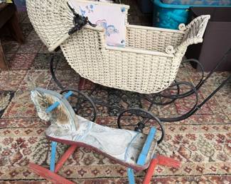 Vintage Wicker Baby Stroller And Rocking Horse
