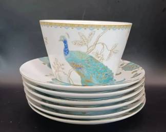 (7) 222FIFTH Eliza Teal Plates & Peacock Garden Cup
