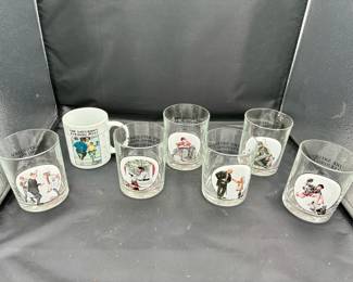 Norman Rockwell Saturday Evening Post (6) Drinking Glasses and (1) Mug