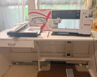 Bernina 830 (B830) Sewing and Embroidery Machine. This flagship machine offers a massive workspace (12 inches to the right of the needle) and is fantastic for quilters and advanced garment makers. It includes the embroidery module, multiple hoops, the Bernina Stitch Regulator (BSR), and Bernina Dual Feed. It has been professionally serviced. Table available to purchase separately. EXCLUDED FROM DISCOUNTS ON SATURDAY