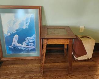 artwork oak table and movie projector
