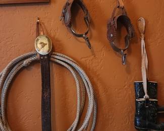 Western spurs, belt, ro[e, boots