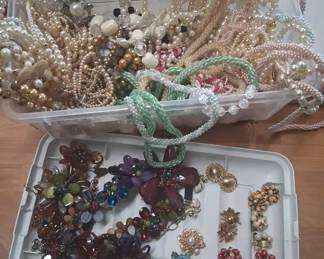Costume Jewelry Lot Pearls, Beads, Clip Ons, And More