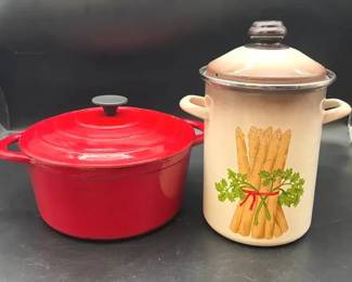 Vintage Enamel Pot And Red Cast Iron Dutch Oven