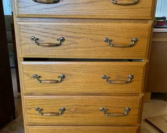Five Drawer Wood Dresser With Top Mirror And Jewelry Storage