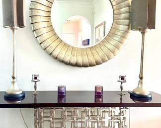Christopher Guy Giltwood Wall Mirror and Pair of Uttermost Alsio Table Lamps by Carolyn Kinder