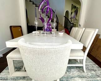 Dining Set - Antique White Finish. Two Curved Back Chairs, 3 Straight Back Chairs, Bench & Table