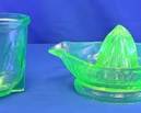 Green Depression Uranium Glass Citrus Reamer and Measuring Cup