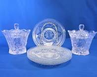 (2) Clear Cut Glass Sugar Bowls and (4) Plates