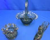 Fenton Green Hobnail Basket, Ruffled Dish & Slipper