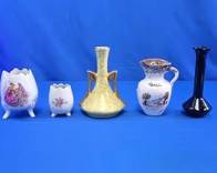 Twin Handled Vase Marked 22K Gold, Black Bud Vase & More