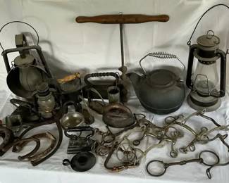 Primitives Lot Lanterns, Horse Bits, Irons More