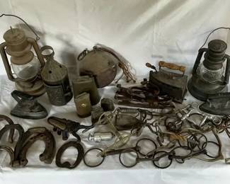 Primitives Lot Horse Bits, Cowbells, Lanterns, More