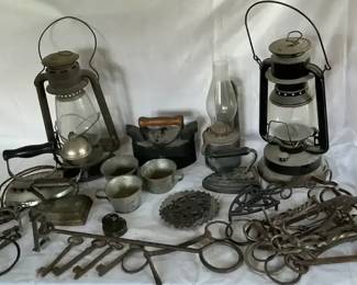Primitives Lot Lanterns, Horse Bits, Irons More