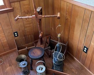 Vintage Yarn Winder, Cranberry Scoops, Brass Spittoon More