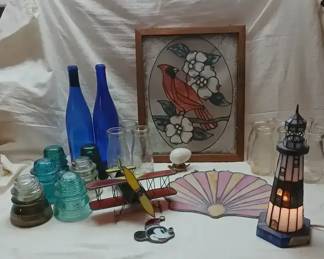 Stain Glass Airplane Whithall Insulator Half Pint Milk Bottles